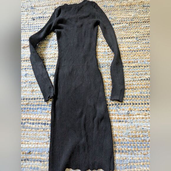Black Ribbed Lace-Up Bodycon Dress S Long Sleeve Mini Figure Hugging Sexy - Picture 7 of 7